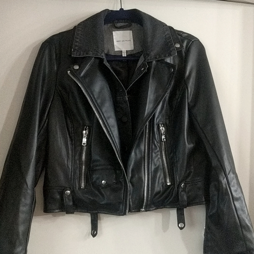 Cropped Faux Leather Biker Jacket with Layer